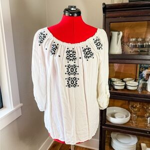 Hayley Matthews White Boho Peasant Top L | Embroidered Rayon Blouse Festival